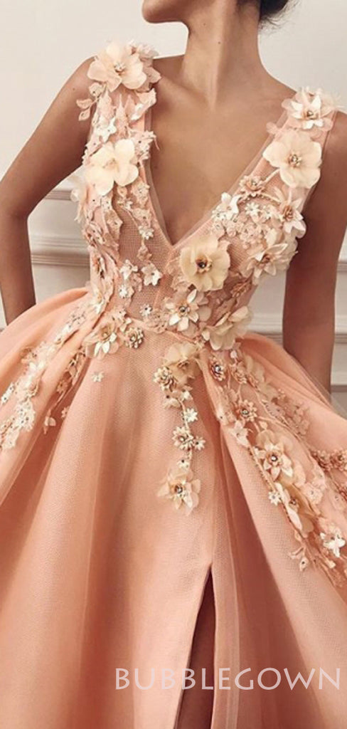 A-line Sunset Tulle V Neck Appliques Long Lace Evening Prom Dresses, Cheap Custom Prom Dresses, MR7754