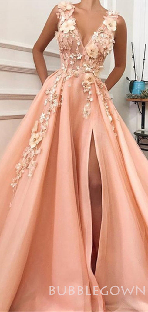 A-line Sunset Tulle V Neck Appliques Long Lace Evening Prom Dresses, Cheap Custom Prom Dresses, MR7754