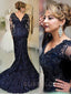 Long Sleeves Navy Blue Tulle Applique Beaded Long Evening Prom Dresses, MR7758