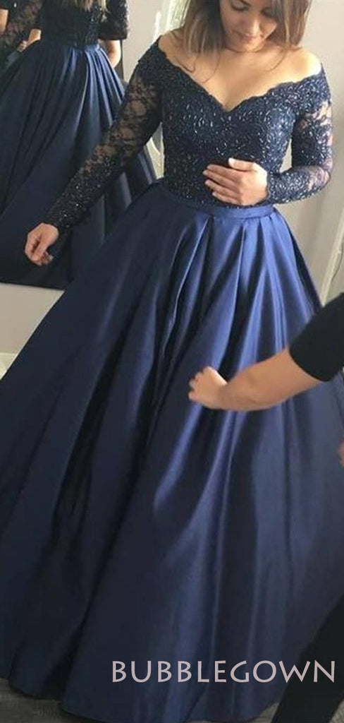 Off Shoulder Navy Blue Satin A-line Beaded Long Evening Prom Dresses, Cheap Custom prom dresses, MR7759