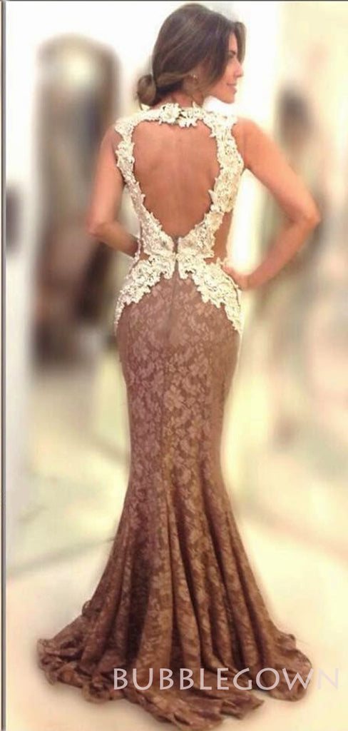 Brown Lace Halter Applique Mermaid Long Evening Prom Dresses, MR7762