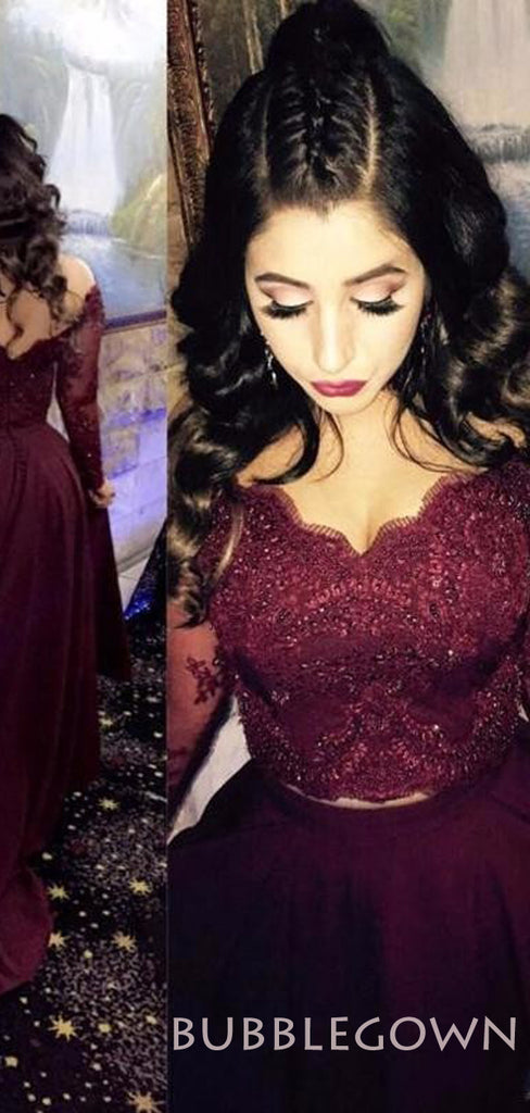 Burgundy Satin Lace Long Sleeves Applique Long High-low Evening Prom Dresses, MR7764