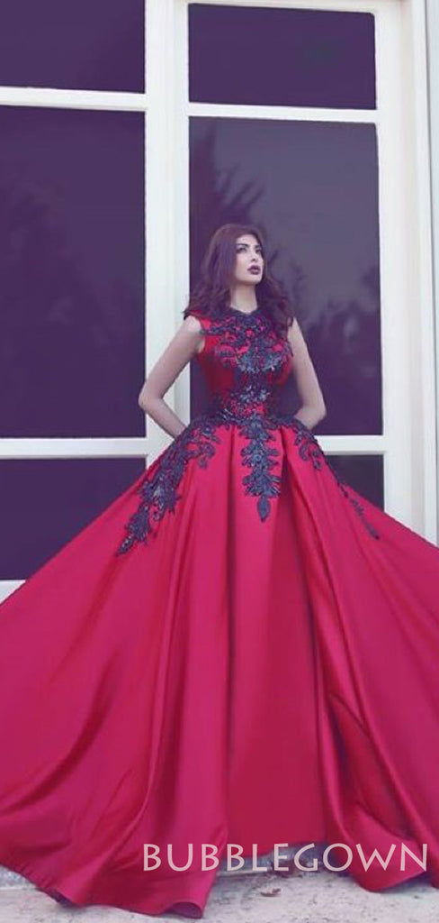 A-line Burgundy Satin Appliques Ball Gown Long Evening Prom Dresses, Cheap Custom Prom Dresses, MR7772