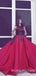 A-line Burgundy Satin Appliques Ball Gown Long Evening Prom Dresses, Cheap Custom Prom Dresses, MR7772