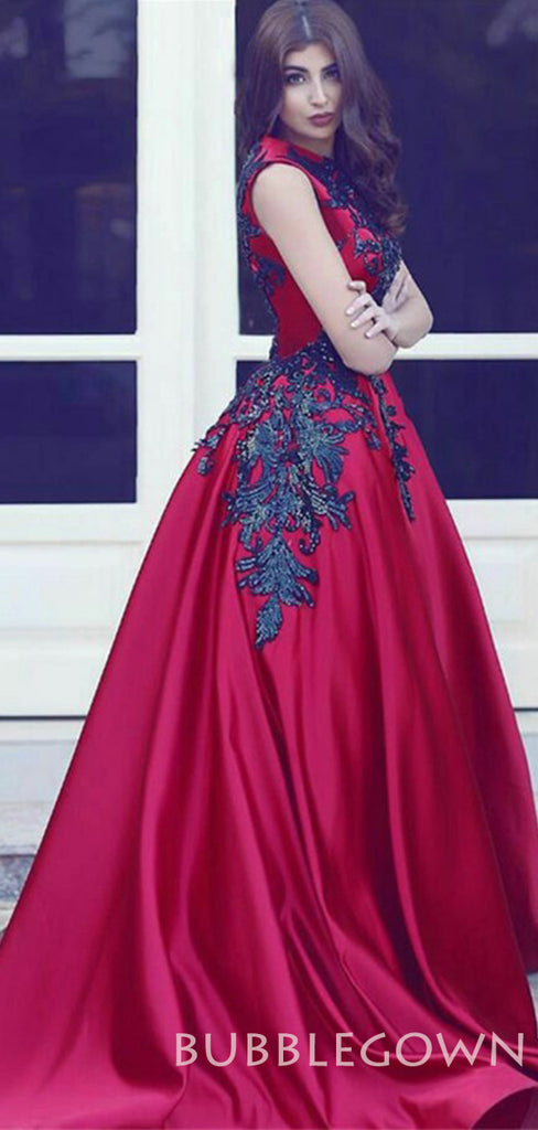 A-line Burgundy Satin Appliques Ball Gown Long Evening Prom Dresses, Cheap Custom Prom Dresses, MR7772