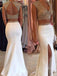 Two Pieces White Satin Mermaid Beaded Long Evening Prom Dresses, Cheap Custom Prom Dresses, MR7774