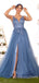 A-line Dusty Blue Tulle Lace Long Appliques Evening Prom Dresses, Cheap Custom Prom Dresses, MR7775