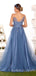 A-line Dusty Blue Tulle Lace Long Appliques Evening Prom Dresses, Cheap Custom Prom Dresses, MR7775