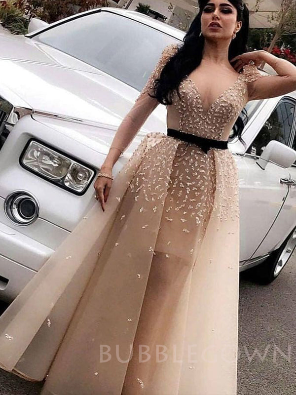 Deep V-neck A-line Champagne Tulle Beaded Long Evening Prom Dresses, Cheap Custom Prom Dress, MR7777