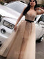 Deep V-neck A-line Champagne Tulle Beaded Long Evening Prom Dresses, Cheap Custom Prom Dress, MR7777