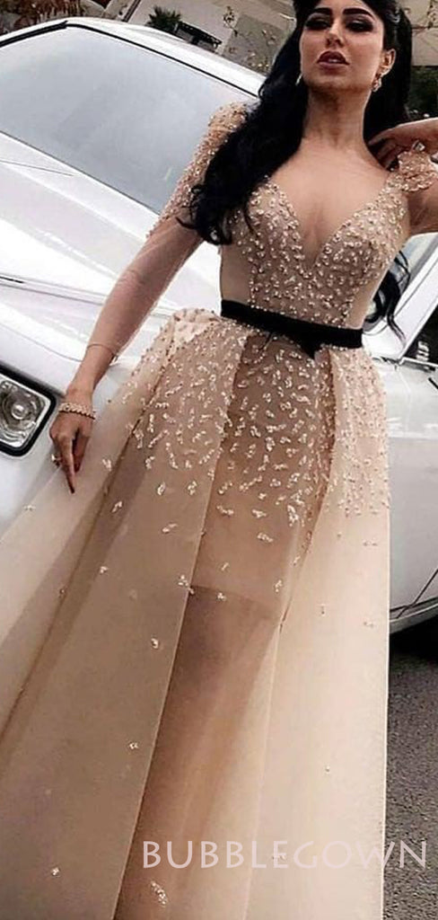 Deep V-neck A-line Champagne Tulle Beaded Long Evening Prom Dresses, Cheap Custom Prom Dress, MR7777