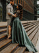 A-line Dark Green Satin Appliques Long Evening Prom Dresses, Cheap Custom Prom Dress, MR7778