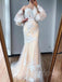 Long Sleeves Champagne Mermaid Tulle Lace Long Evening Prom Dresses, MR7780