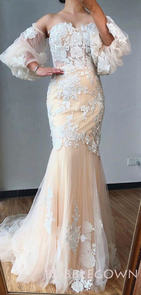 Long Sleeves Champagne Mermaid Tulle Lace Long Evening Prom Dresses, MR7780