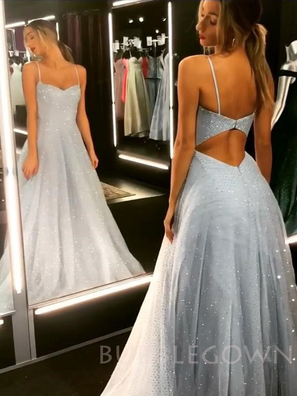 A-Line Spaghetti Straps Silver Sparkly Sweetheart Long Evening Prom Dresses, Cheap Custom Dresses,MR7783