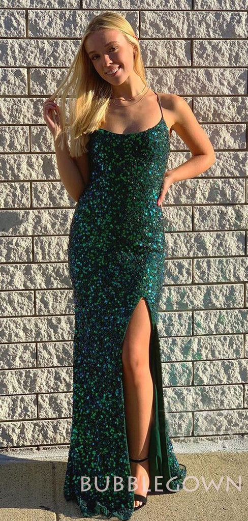 Mermaid Green Sequin Spaghetti Straps  Long Evening Prom Dresses, Cheap Custom Prom Dresses, MR7790