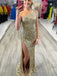 One Shoulder Gold Sequin Long Mermaid Evening Prom Dresses, Cheap Custom Prom Dresses, MR7794