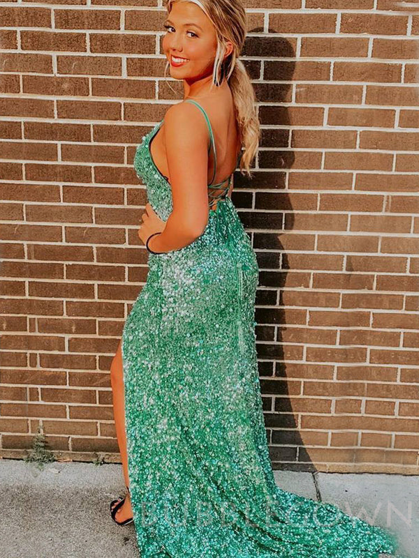 Green Sequin Mermaid Spaghetti Straps Long Evening Prom Dresses, Cheap Custom Prom Dresses, MR7795