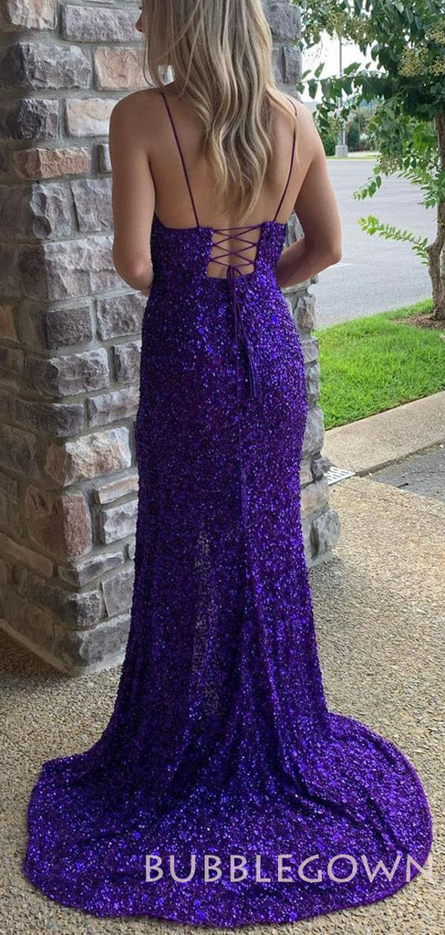 Mermaid Purple Sequin Spaghetti Straps Long Evening Prom Dresses, Cheap Custom Prom Dresses, MR7796