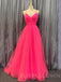 Hot Pink Tulle A-line V-neck Pleat Spaghetti Straps Long Evening Prom Dresses, Cheap Custom Prom Dress, MR7802