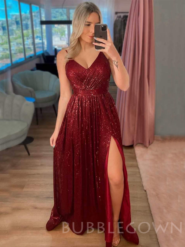 A-line Burgundy Sequin Spaghetti Straps Long Evening Prom Dresses, Cheap Custom Prom Dresses, MR7803