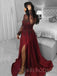 Long Sleeves A-line Burgundy Satin Appliques Long Evening Prom Dresses, Cheap Custom Prom Dresses, MR7808