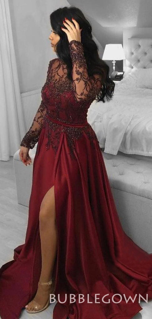 Long Sleeves A-line Burgundy Satin Appliques Long Evening Prom Dresses, Cheap Custom Prom Dresses, MR7808