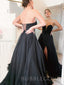 A-line Black Satin Strapless Long Sweetheart Evening Prom Dresses, Cheap Custom Prom Dresses, MR7809