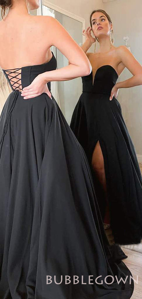 A-line Black Satin Strapless Long Sweetheart Evening Prom Dresses, Cheap Custom Prom Dresses, MR7809