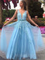 A-line Blue Tulle Appliques Lace Long Evening Prom Dresses, Cheap Custom Prom Dresses, MR7811