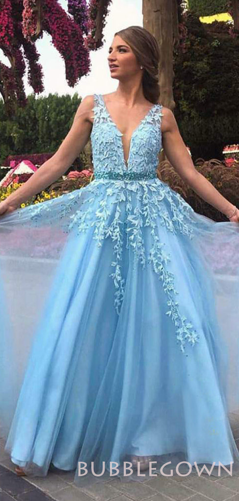 A-line Blue Tulle Appliques Lace Long Evening Prom Dresses, Cheap Custom Prom Dresses, MR7811