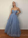 A-line Dusty Blue Tulle Sparkly Long Strapless Evening Prom Dresses, Cheap Custom Prom Dress, MR7812