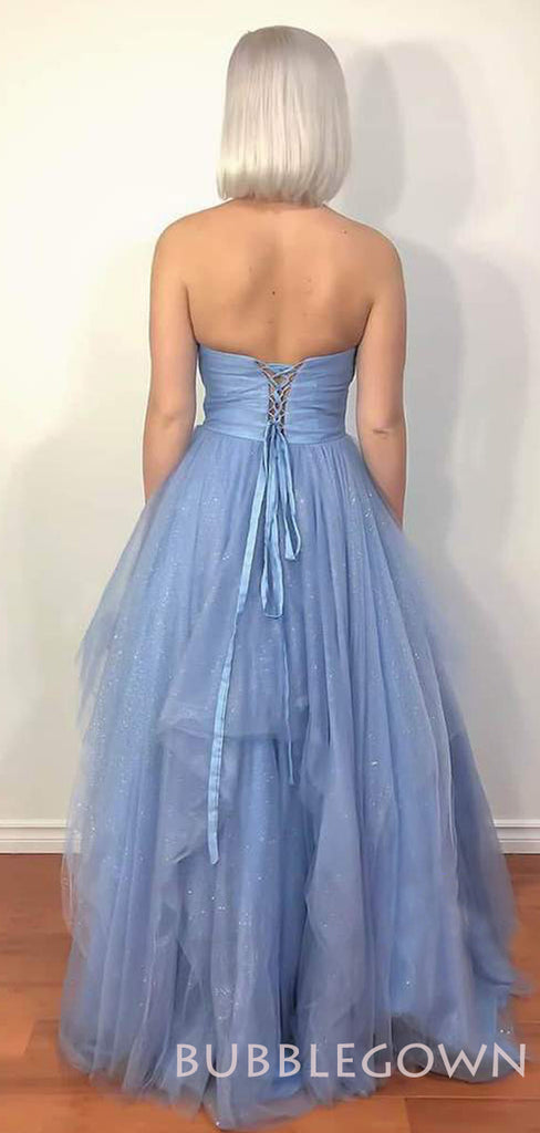 A-line Dusty Blue Tulle Sparkly Long Strapless Evening Prom Dresses, Cheap Custom Prom Dress, MR7812