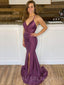 Mermaid Purple Satin Spaghetti Straps Long Backless Evening Prom Dresses, MR7813