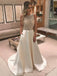 A-line White Satin illusion Beaded Long Evening Prom Dresses, Cheap Custom prom dresses, MR7814