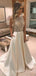 A-line White Satin illusion Beaded Long Evening Prom Dresses, Cheap Custom prom dresses, MR7814