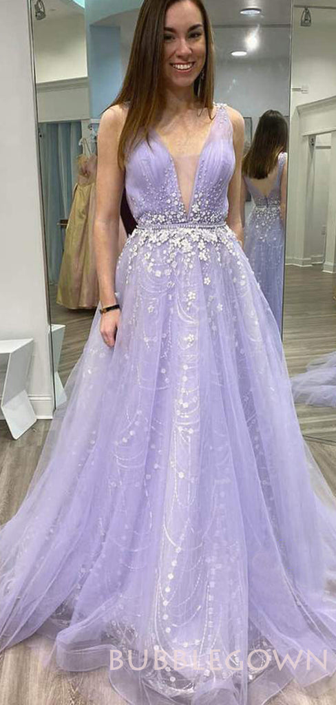 Lilac Tulle Deep V-neck Beaded Long Evening Prom Dresses, Cheap Custom Prom Dress, MR7817