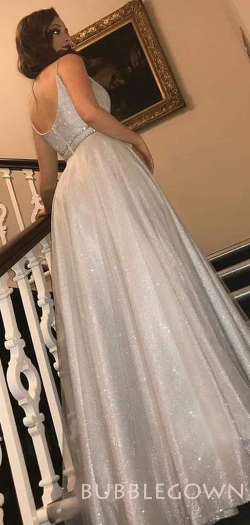 A-line Silver Tulle Sparkly Spaghetti Straps Long Evening Prom Dresses, Cheap Custom Prom Dress, MR7820