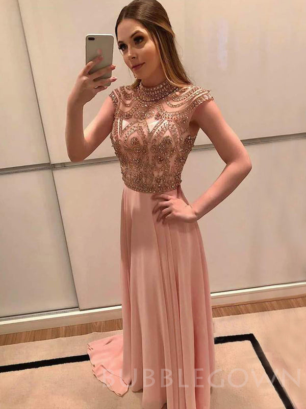 A-line Pearl Pink Chiffon Beaded Long Evening Prom Dresses, Cheap Custom Prom Dresses, MR7822