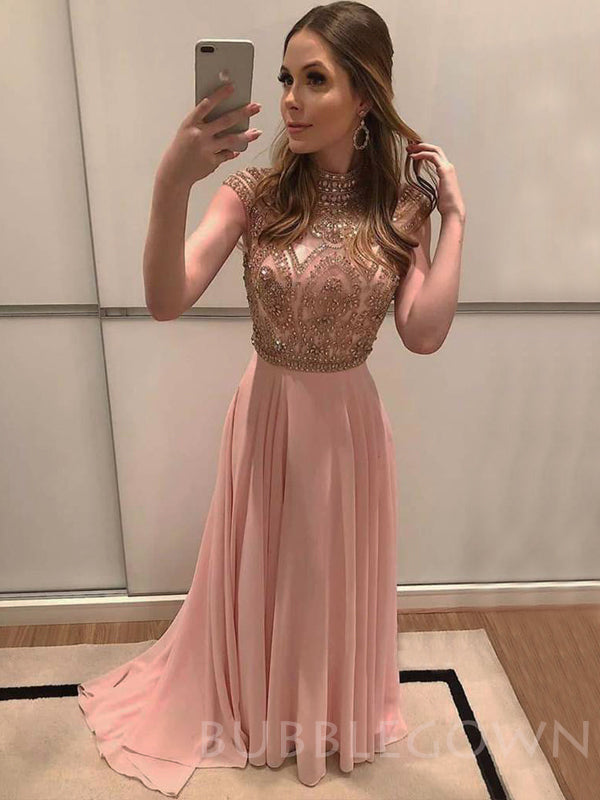 A-line Pearl Pink Chiffon Beaded Long Evening Prom Dresses, Cheap Custom Prom Dresses, MR7822