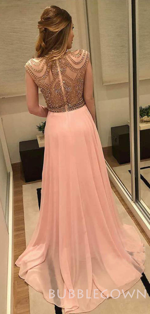 A-line Pearl Pink Chiffon Beaded Long Evening Prom Dresses, Cheap Custom Prom Dresses, MR7822