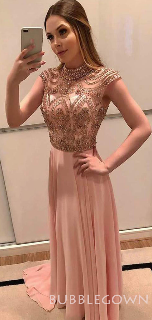 A-line Pearl Pink Chiffon Beaded Long Evening Prom Dresses, Cheap Custom Prom Dresses, MR7822