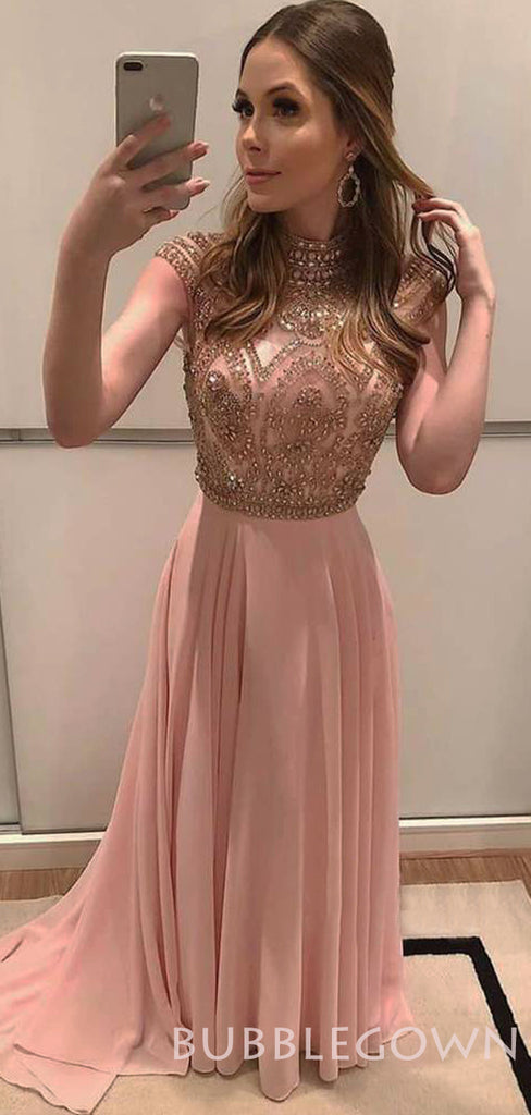 A-line Pearl Pink Chiffon Beaded Long Evening Prom Dresses, Cheap Custom Prom Dresses, MR7822