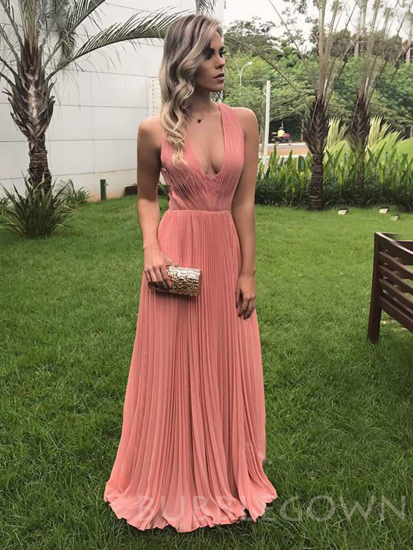 A-line Coral Chiffon V-neck Long Evening Prom Dresses, Cheap Custom Prom Dresses, MR7823