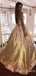 Champagne A-Line Sparkle Spaghetti Straps V Neck Long Evening Prom Dresses, Cheap Custom Prom Dresses, MR7824