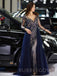 A-line Long Sleeves NavyBlue Tulle Appliques Lace Long Evening Prom Dresses, MR7826