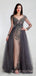 A-line Long Sleeves NavyBlue Tulle Appliques Lace Long Evening Prom Dresses, MR7826