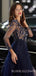 A-line Long Sleeves NavyBlue Tulle Appliques Lace Long Evening Prom Dresses, MR7826