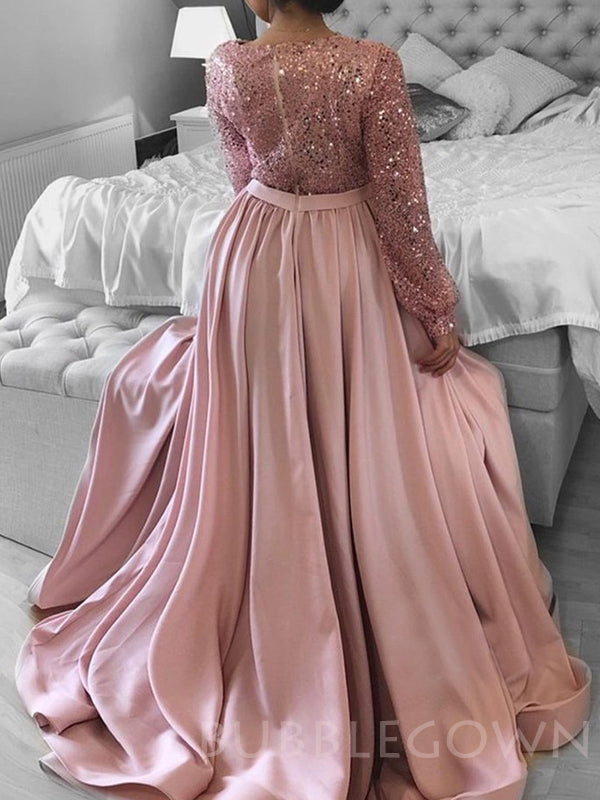 A-line Long Sleeves Pink Satin Sequin Long Evening Prom Dresses, Cheap Custom prom dresses, MR7827