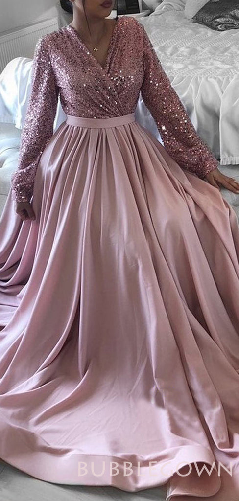 A-line Long Sleeves Pink Satin Sequin Long Evening Prom Dresses, Cheap Custom prom dresses, MR7827